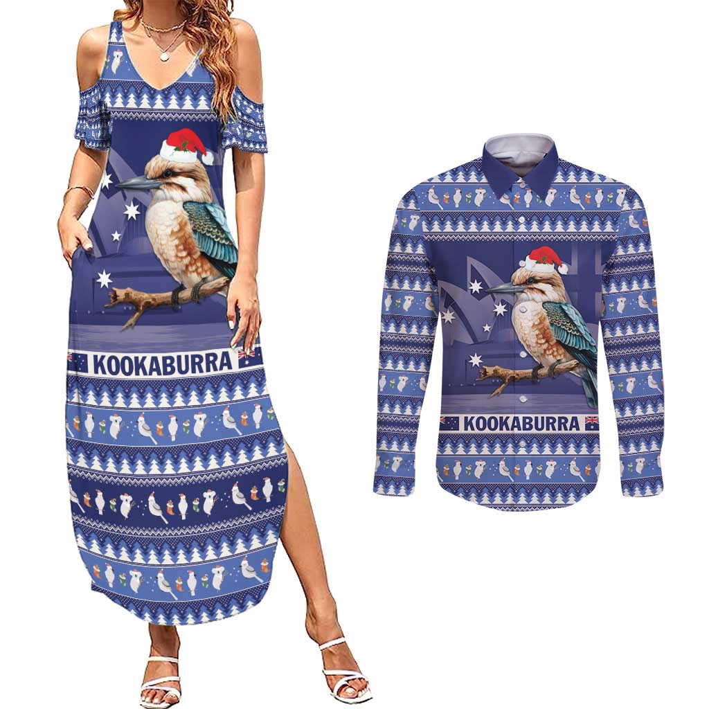 Aussie Kookaburra Couples Matching Summer Maxi Dress and Long Sleeve Button Shirt Merry Christmas Blue Style
