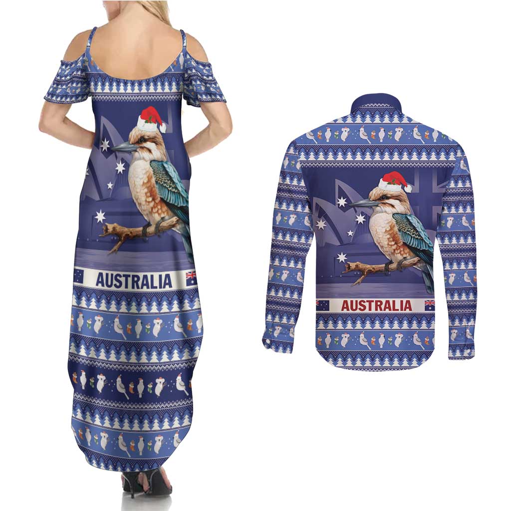Aussie Kookaburra Couples Matching Summer Maxi Dress and Long Sleeve Button Shirt Merry Christmas Blue Style