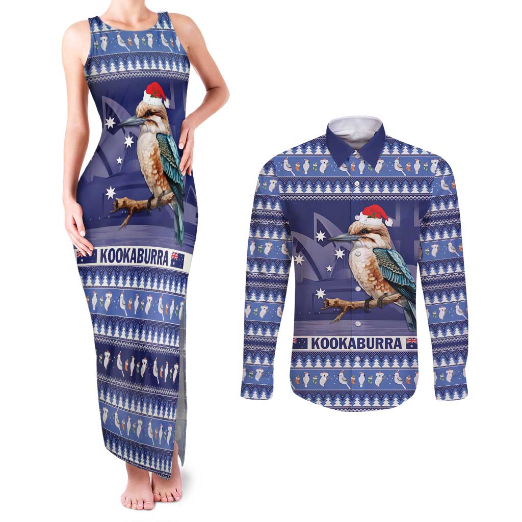 Aussie Kookaburra Couples Matching Tank Maxi Dress and Long Sleeve Button Shirt Merry Christmas Blue Style