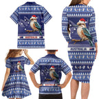 Aussie Kookaburra Family Matching Long Sleeve Bodycon Dress and Hawaiian Shirt Merry Christmas Blue Style