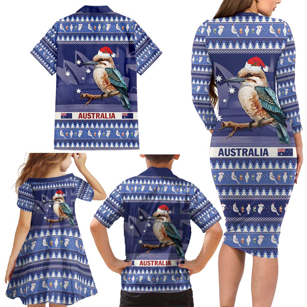 Aussie Kookaburra Family Matching Long Sleeve Bodycon Dress and Hawaiian Shirt Merry Christmas Blue Style