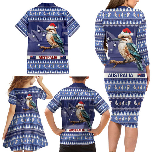 Aussie Kookaburra Family Matching Long Sleeve Bodycon Dress and Hawaiian Shirt Merry Christmas Blue Style