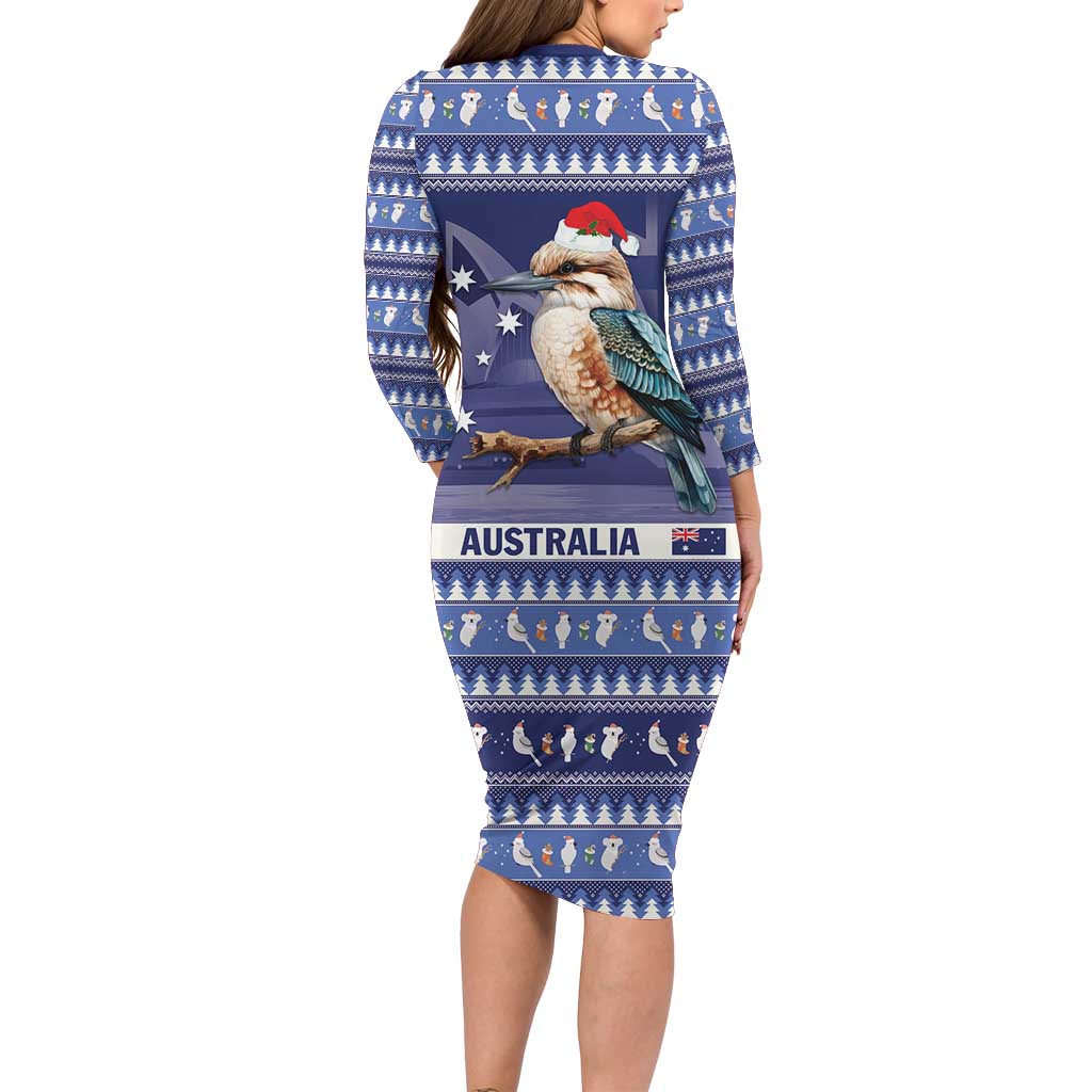 Aussie Kookaburra Family Matching Long Sleeve Bodycon Dress and Hawaiian Shirt Merry Christmas Blue Style