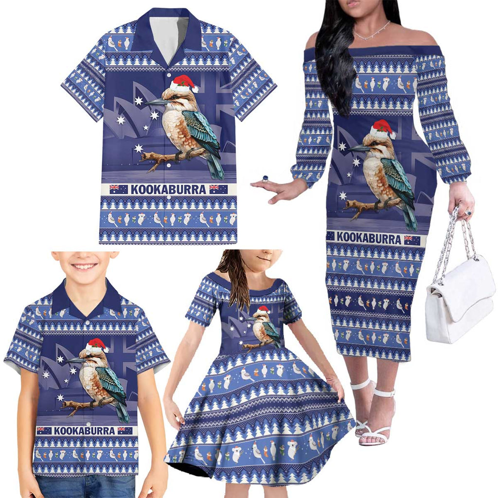 Aussie Kookaburra Family Matching Off The Shoulder Long Sleeve Dress and Hawaiian Shirt Merry Christmas Blue Style