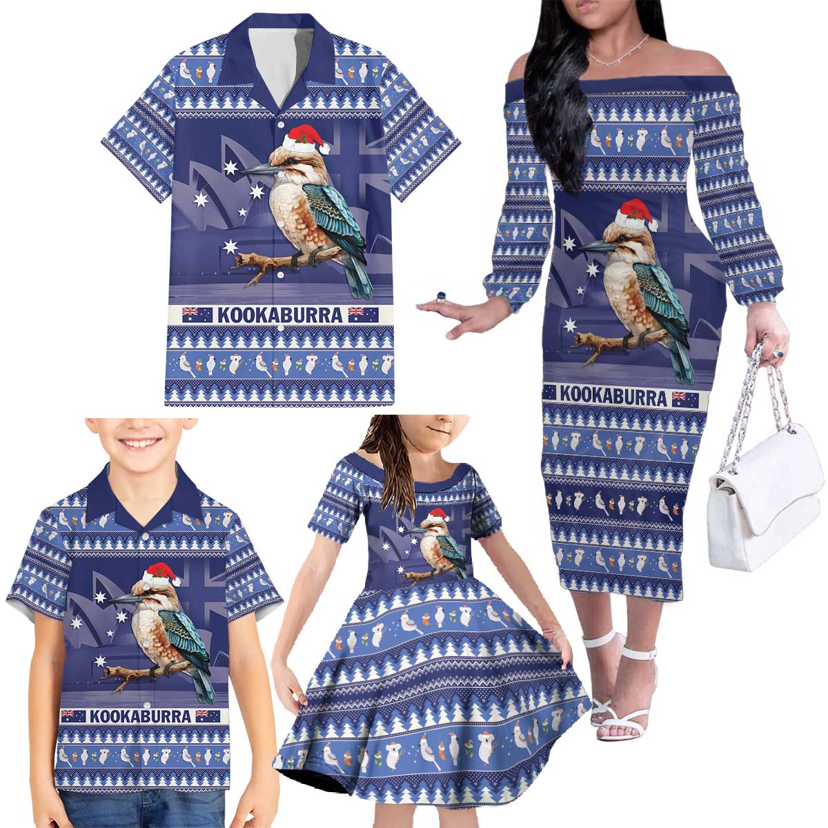 Aussie Kookaburra Family Matching Off The Shoulder Long Sleeve Dress and Hawaiian Shirt Merry Christmas Blue Style