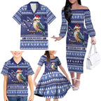 Aussie Kookaburra Family Matching Off The Shoulder Long Sleeve Dress and Hawaiian Shirt Merry Christmas Blue Style
