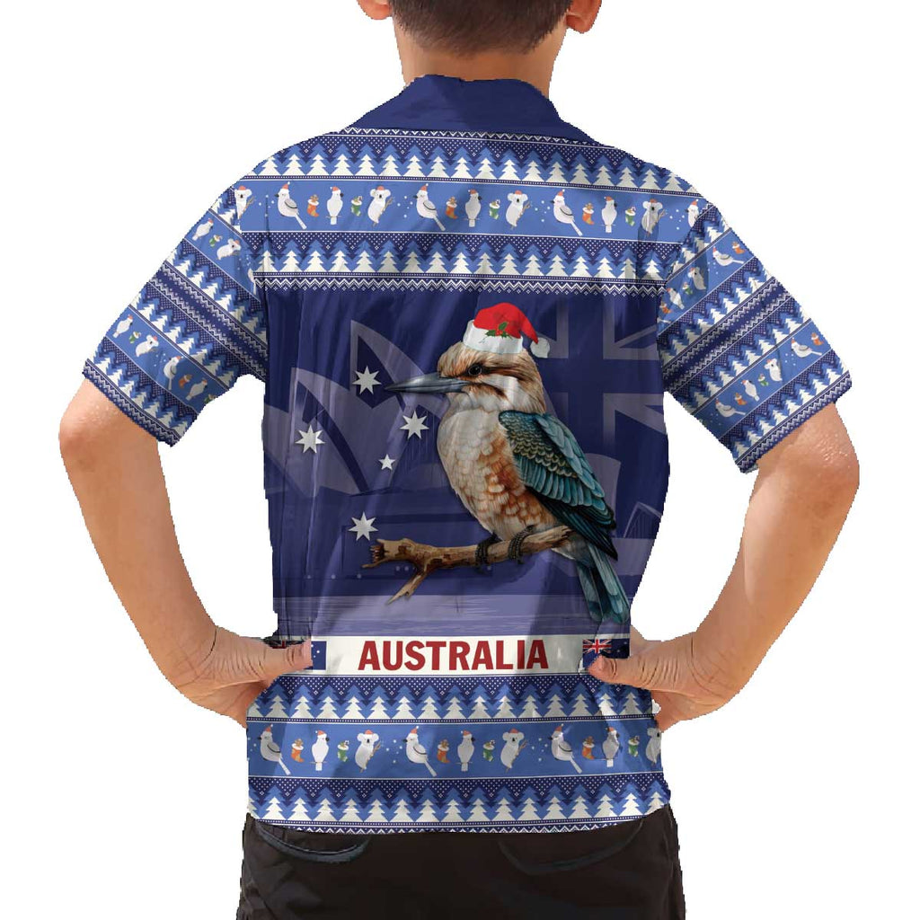 Aussie Kookaburra Family Matching Off The Shoulder Long Sleeve Dress and Hawaiian Shirt Merry Christmas Blue Style