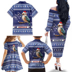 Aussie Kookaburra Family Matching Off The Shoulder Long Sleeve Dress and Hawaiian Shirt Merry Christmas Blue Style