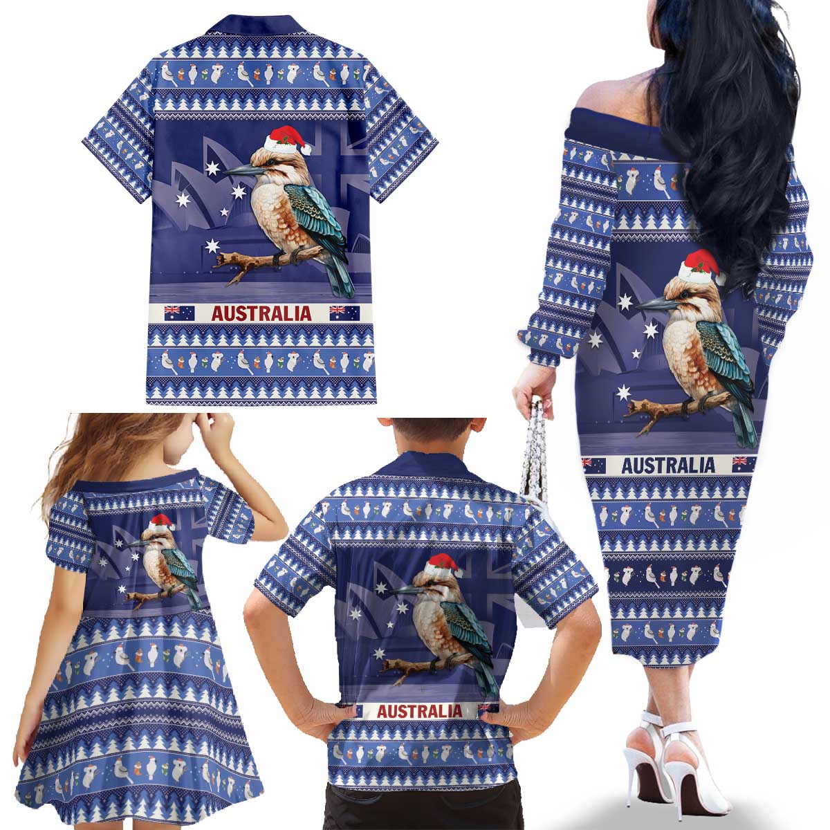 Aussie Kookaburra Family Matching Off The Shoulder Long Sleeve Dress and Hawaiian Shirt Merry Christmas Blue Style