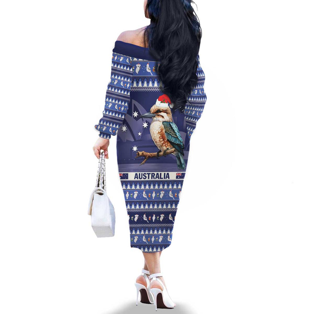 Aussie Kookaburra Family Matching Off The Shoulder Long Sleeve Dress and Hawaiian Shirt Merry Christmas Blue Style