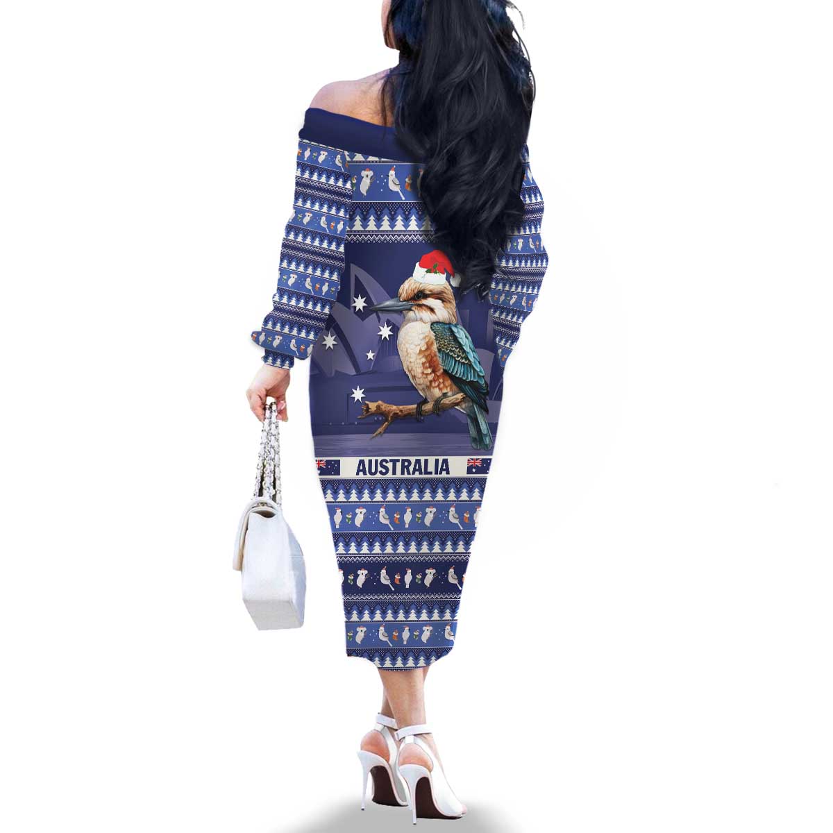 Aussie Kookaburra Family Matching Off The Shoulder Long Sleeve Dress and Hawaiian Shirt Merry Christmas Blue Style