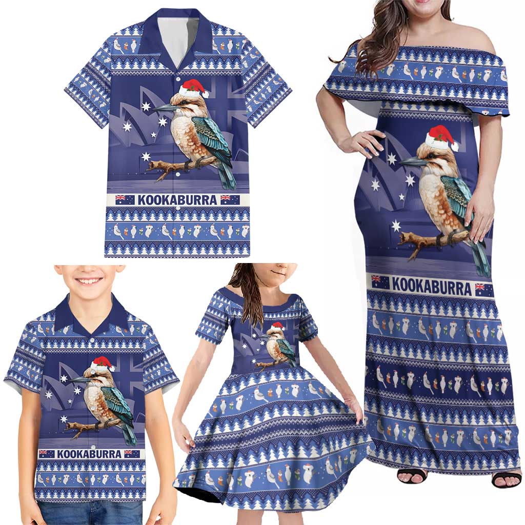 Aussie Kookaburra Family Matching Off Shoulder Maxi Dress and Hawaiian Shirt Merry Christmas Blue Style