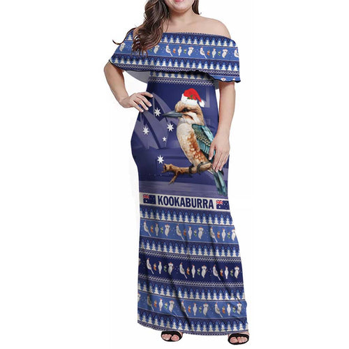 Aussie Kookaburra Family Matching Off Shoulder Maxi Dress and Hawaiian Shirt Merry Christmas Blue Style