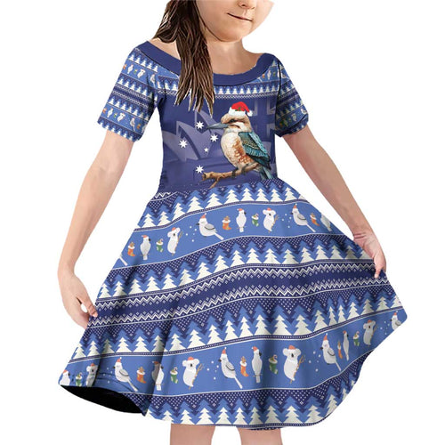 Aussie Kookaburra Family Matching Off Shoulder Short Dress and Hawaiian Shirt Merry Christmas Blue Style