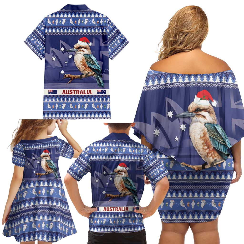 Aussie Kookaburra Family Matching Off Shoulder Short Dress and Hawaiian Shirt Merry Christmas Blue Style