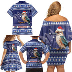 Aussie Kookaburra Family Matching Off Shoulder Short Dress and Hawaiian Shirt Merry Christmas Blue Style