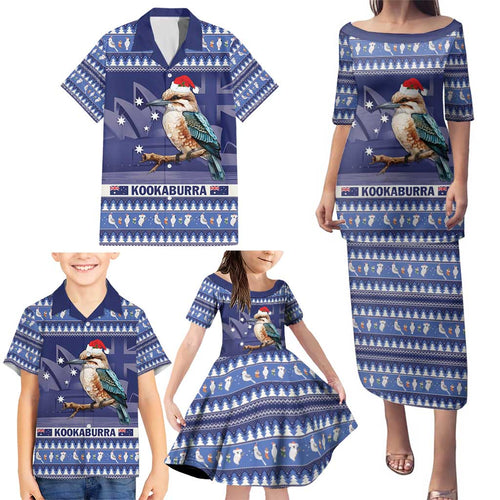 Aussie Kookaburra Family Matching Puletasi and Hawaiian Shirt Merry Christmas Blue Style