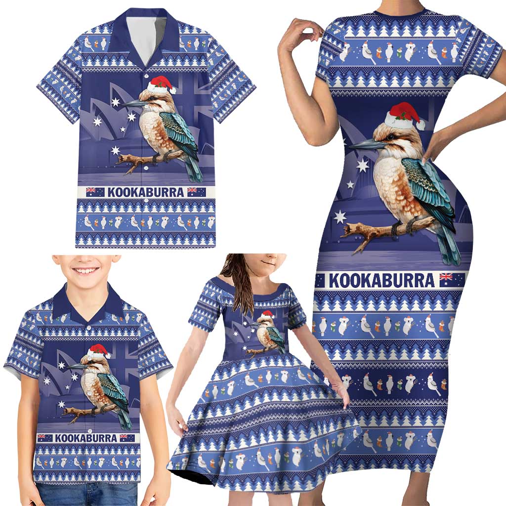 Aussie Kookaburra Family Matching Short Sleeve Bodycon Dress and Hawaiian Shirt Merry Christmas Blue Style