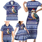 Aussie Kookaburra Family Matching Short Sleeve Bodycon Dress and Hawaiian Shirt Merry Christmas Blue Style