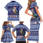 Aussie Kookaburra Family Matching Short Sleeve Bodycon Dress and Hawaiian Shirt Merry Christmas Blue Style