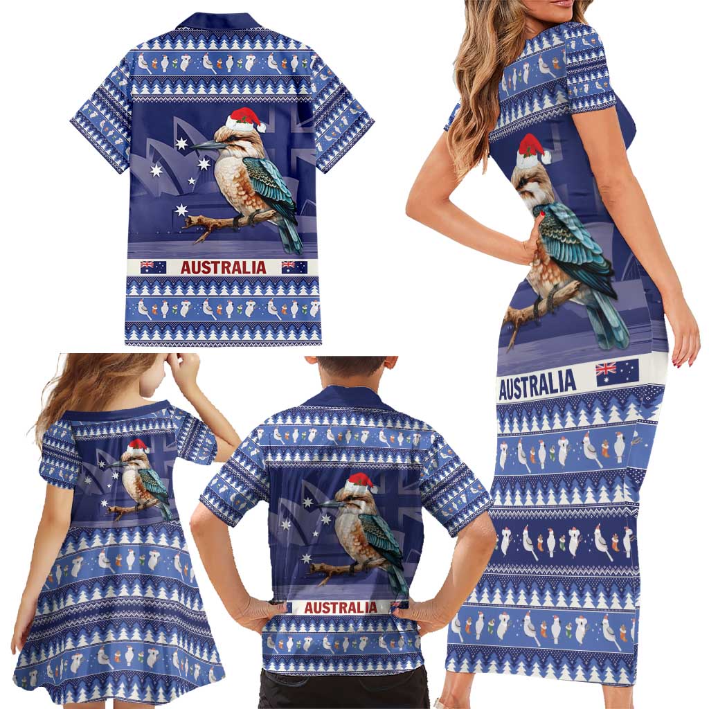 Aussie Kookaburra Family Matching Short Sleeve Bodycon Dress and Hawaiian Shirt Merry Christmas Blue Style