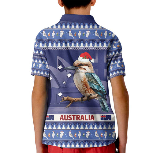 Aussie Kookaburra Kid Polo Shirt Merry Christmas Blue Style