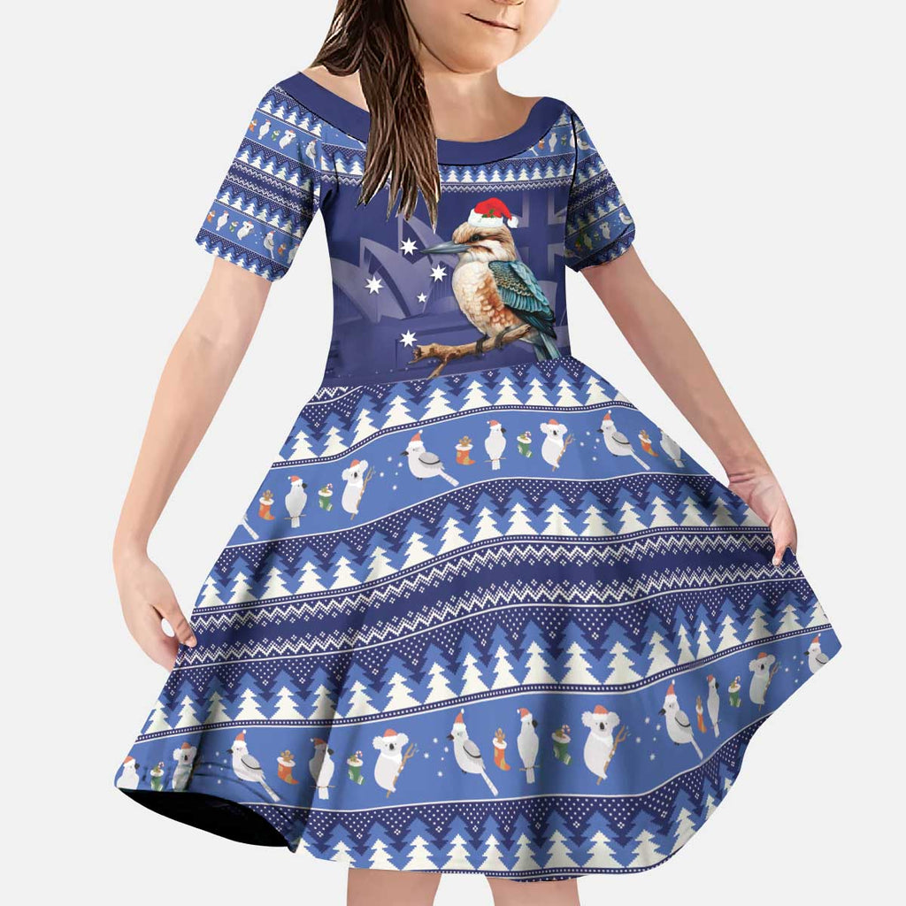 Aussie Kookaburra Kid Short Sleeve Dress Merry Christmas Blue Style