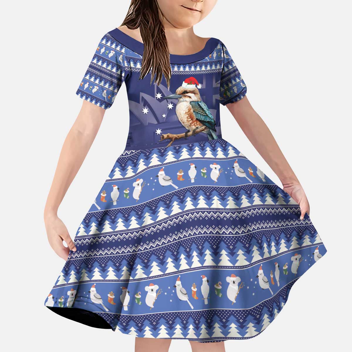Aussie Kookaburra Kid Short Sleeve Dress Merry Christmas Blue Style