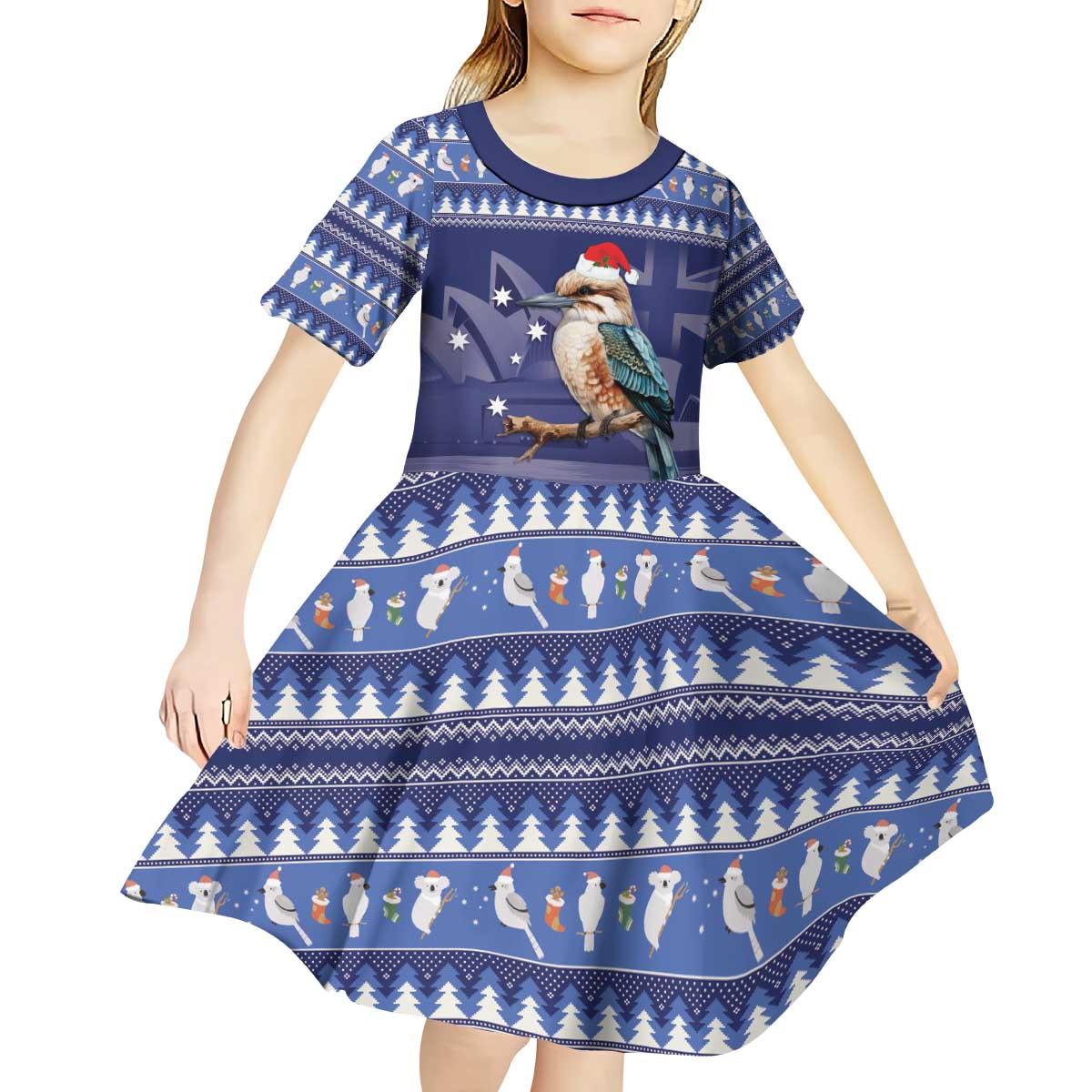 Aussie Kookaburra Kid Short Sleeve Dress Merry Christmas Blue Style