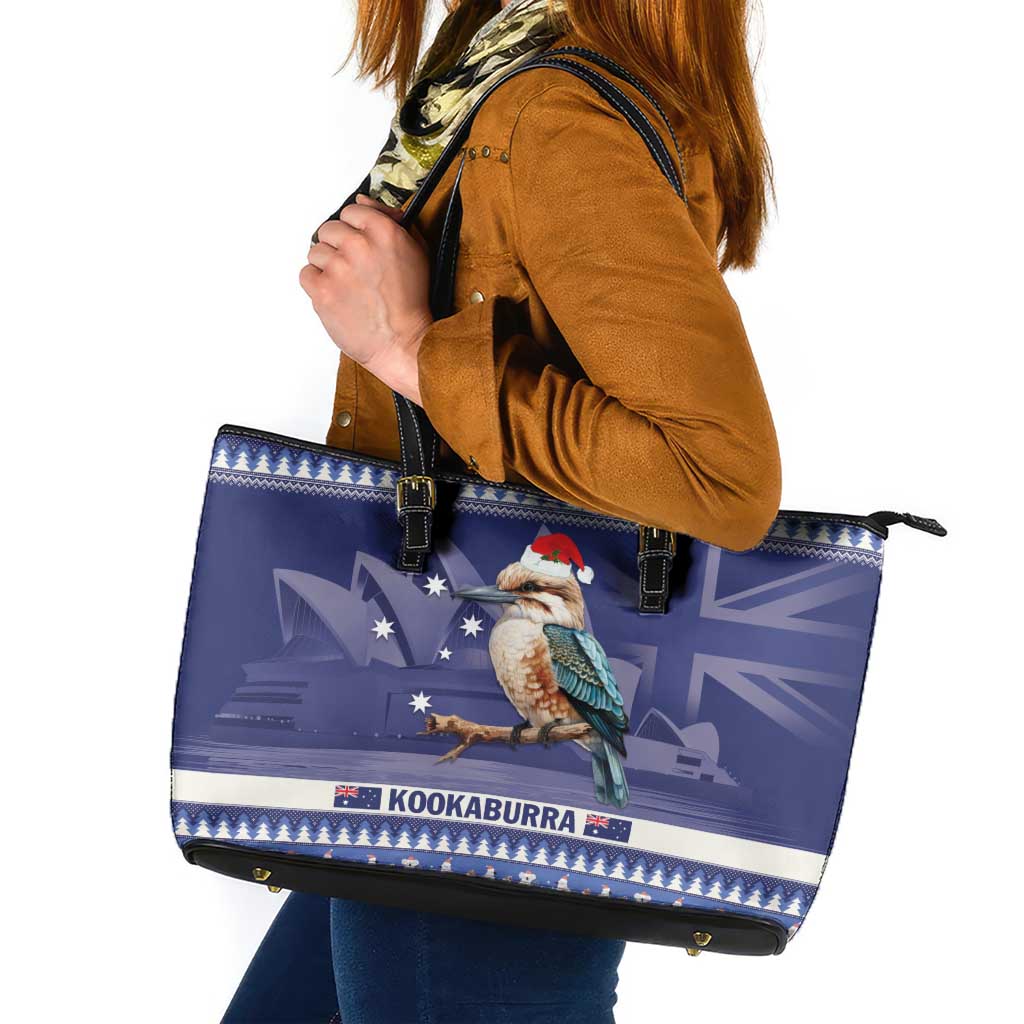 Aussie Kookaburra Leather Tote Bag Merry Christmas Blue Style