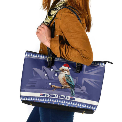 Aussie Kookaburra Leather Tote Bag Merry Christmas Blue Style