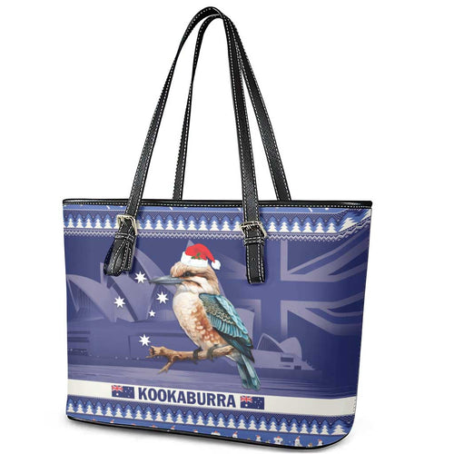 Aussie Kookaburra Leather Tote Bag Merry Christmas Blue Style