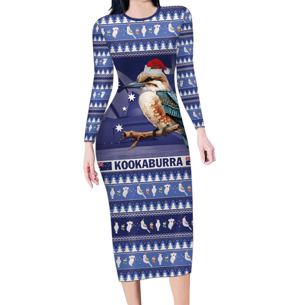 Aussie Kookaburra Long Sleeve Bodycon Dress Merry Christmas Blue Style