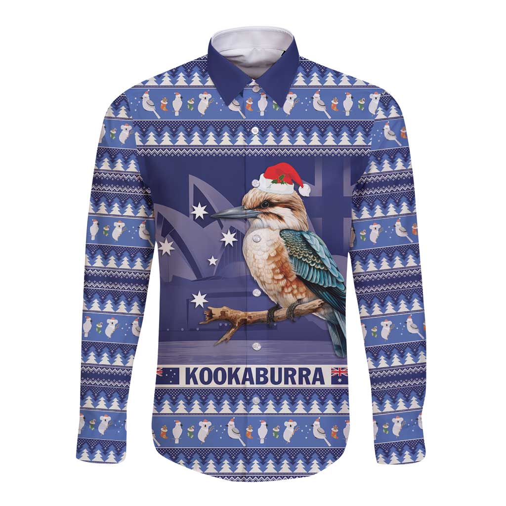 Aussie Kookaburra Long Sleeve Button Shirt Merry Christmas Blue Style