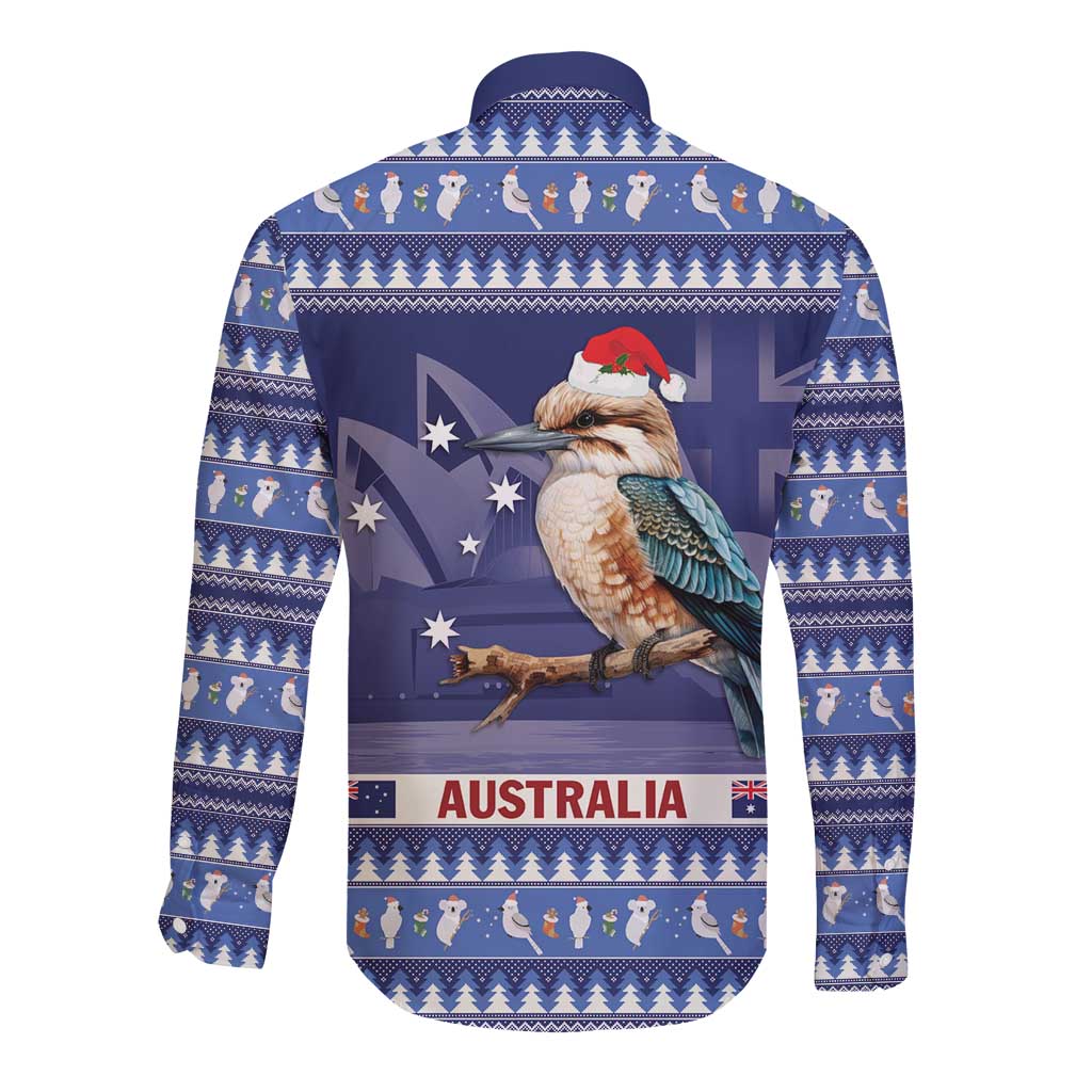 Aussie Kookaburra Long Sleeve Button Shirt Merry Christmas Blue Style