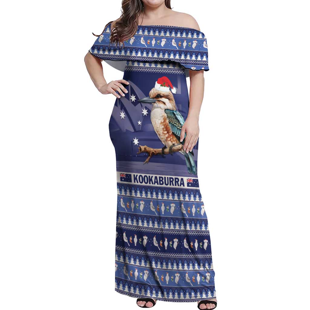 Aussie Kookaburra Off Shoulder Maxi Dress Merry Christmas Blue Style