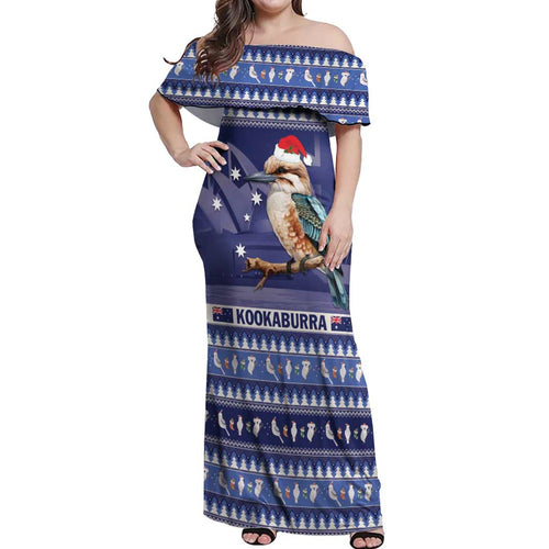 Aussie Kookaburra Off Shoulder Maxi Dress Merry Christmas Blue Style