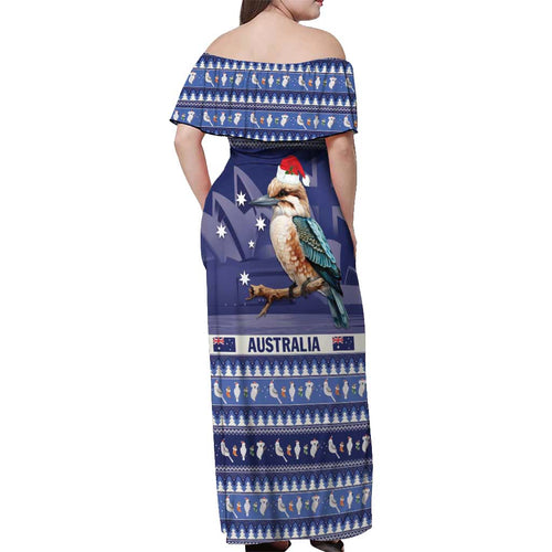 Aussie Kookaburra Off Shoulder Maxi Dress Merry Christmas Blue Style
