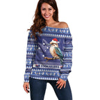 Aussie Kookaburra Off Shoulder Sweater Merry Christmas Blue Style