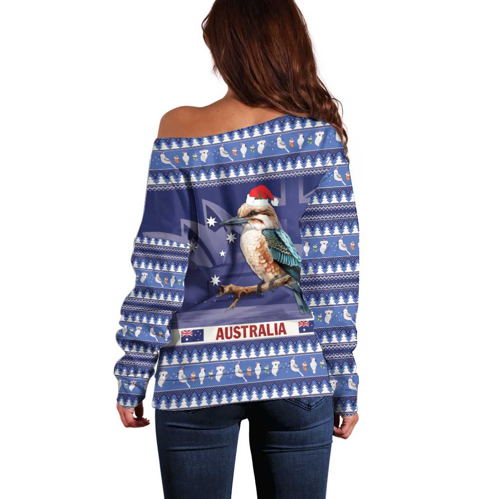 Aussie Kookaburra Off Shoulder Sweater Merry Christmas Blue Style