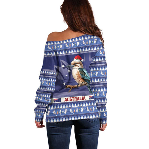 Aussie Kookaburra Off Shoulder Sweater Merry Christmas Blue Style