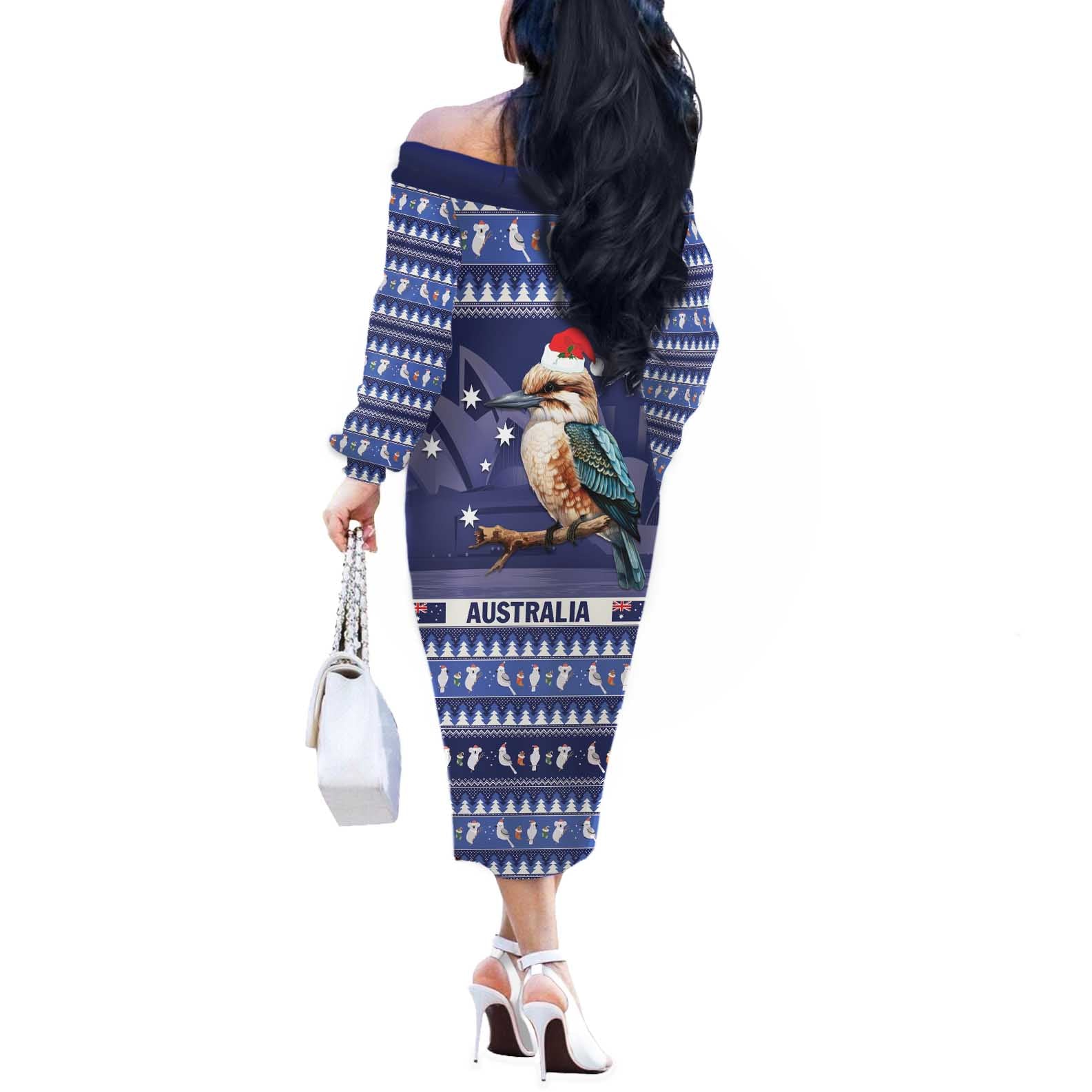 Aussie Kookaburra Off The Shoulder Long Sleeve Dress Merry Christmas Blue Style