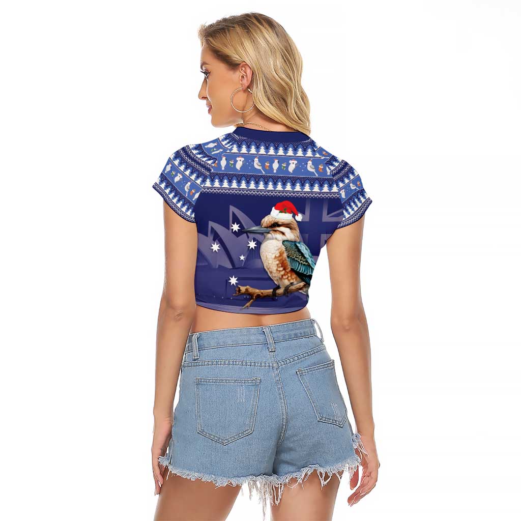 Aussie Kookaburra Raglan Cropped T Shirt Merry Christmas Blue Style
