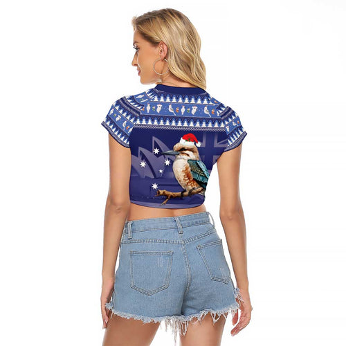 Aussie Kookaburra Raglan Cropped T Shirt Merry Christmas Blue Style