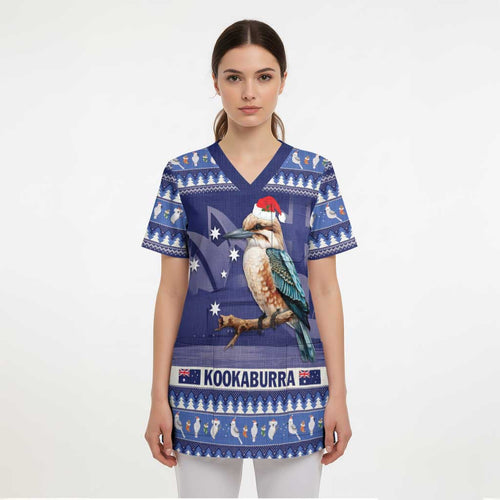 Aussie Kookaburra Scrub Top Merry Christmas Blue Style - Aussie Hoodie