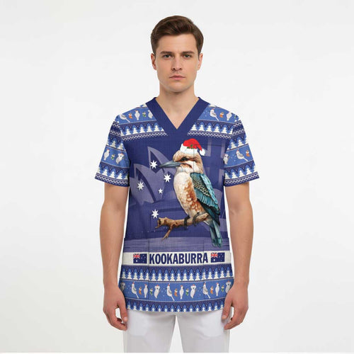 Aussie Kookaburra Scrub Top Merry Christmas Blue Style - Aussie Hoodie