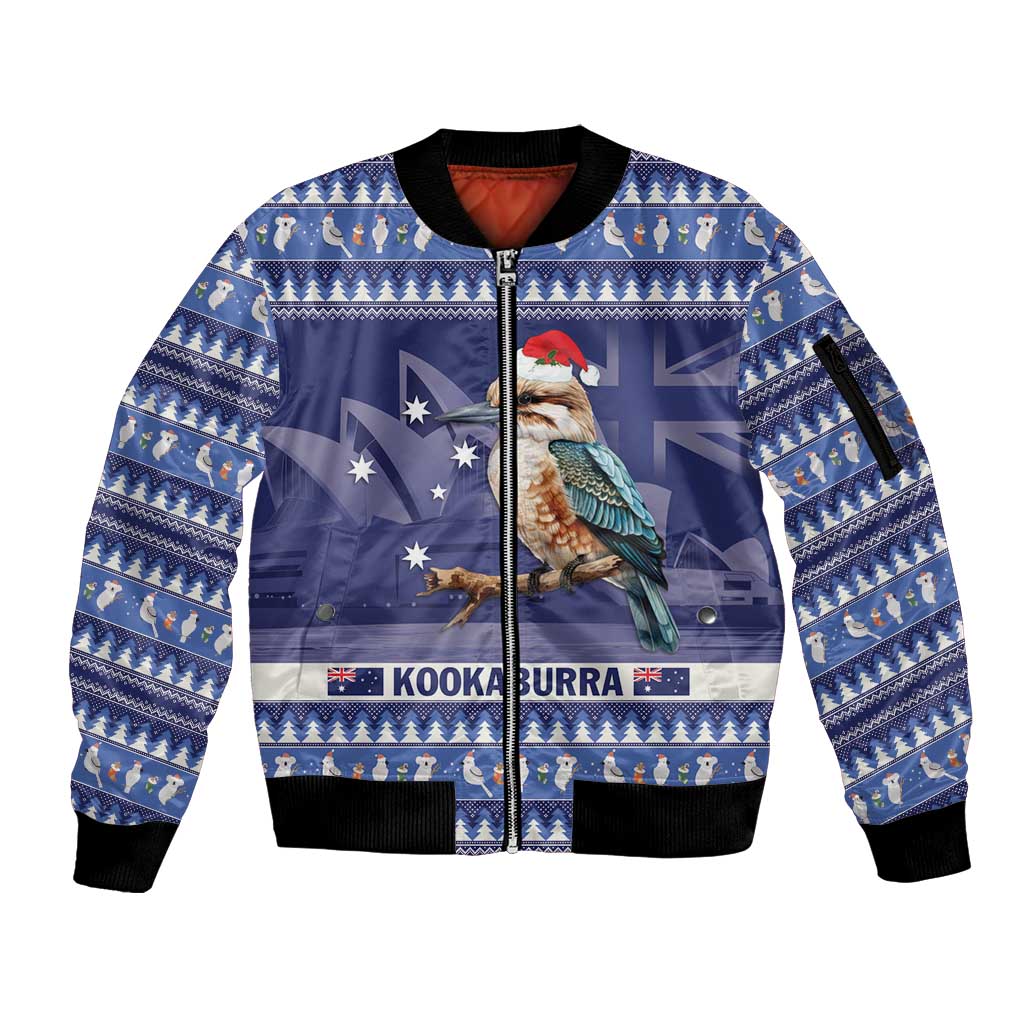 Aussie Kookaburra Sleeve Zip Bomber Jacket Merry Christmas Blue Style