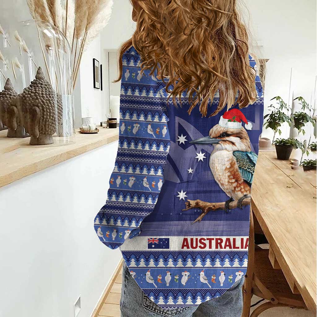 Aussie Kookaburra Women Casual Shirt Merry Christmas Blue Style