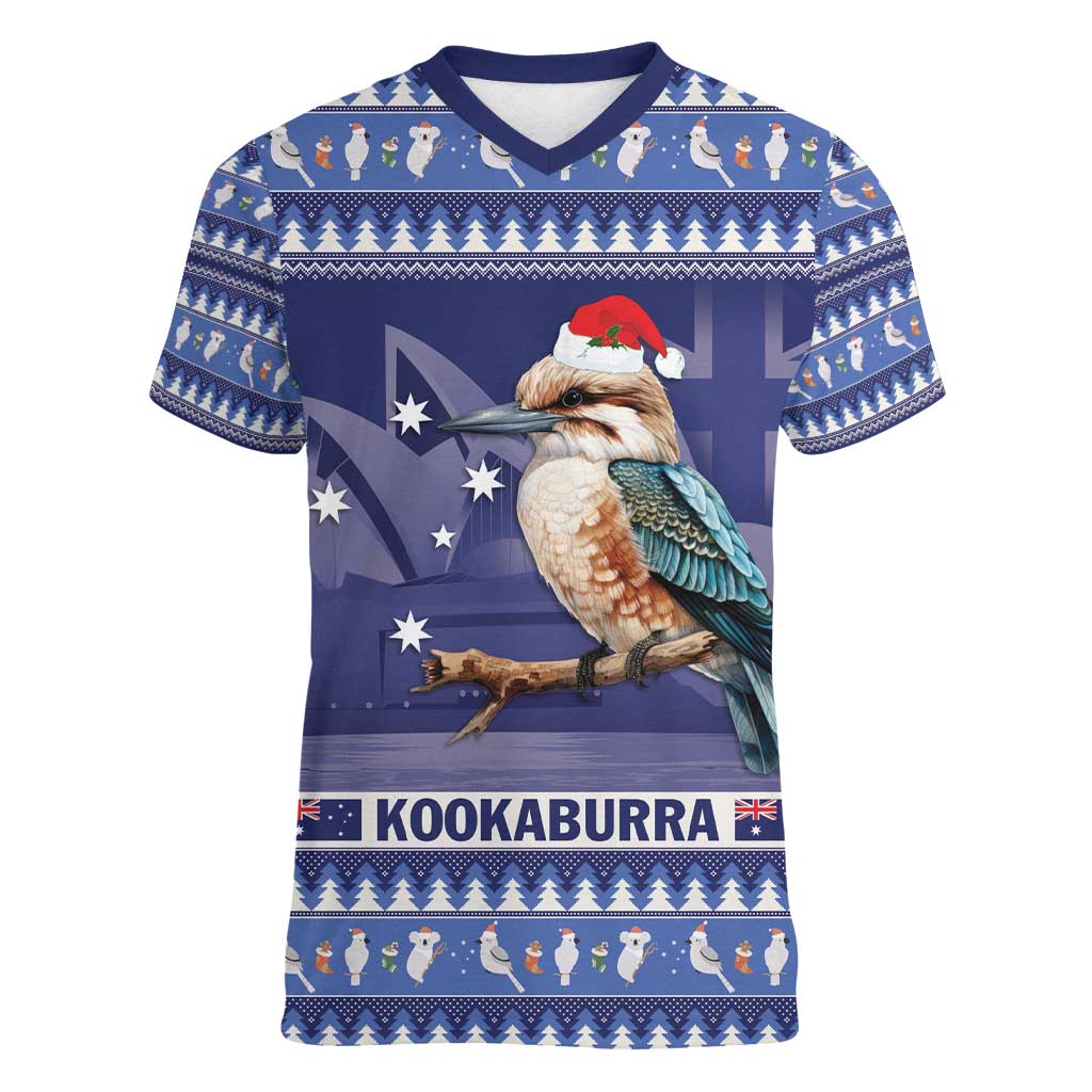Aussie Kookaburra Women V-Neck T-Shirt Merry Christmas Blue Style