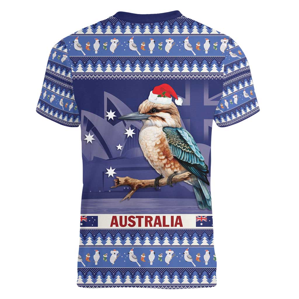 Aussie Kookaburra Women V-Neck T-Shirt Merry Christmas Blue Style